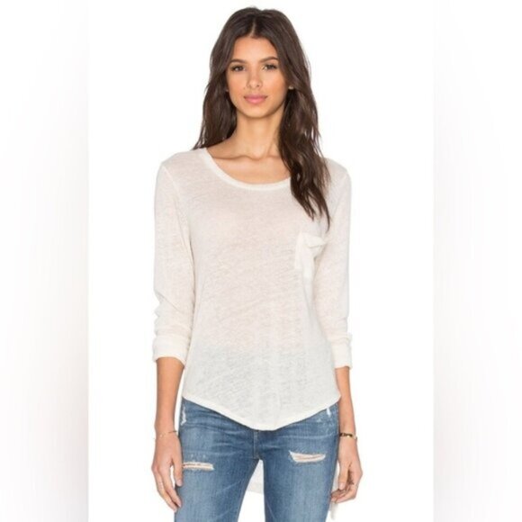 REVOLVE LNA Women's Long Sleeve Torn Pocket Tee Top Linen Blend Ivory Small - Picture 3 of 13